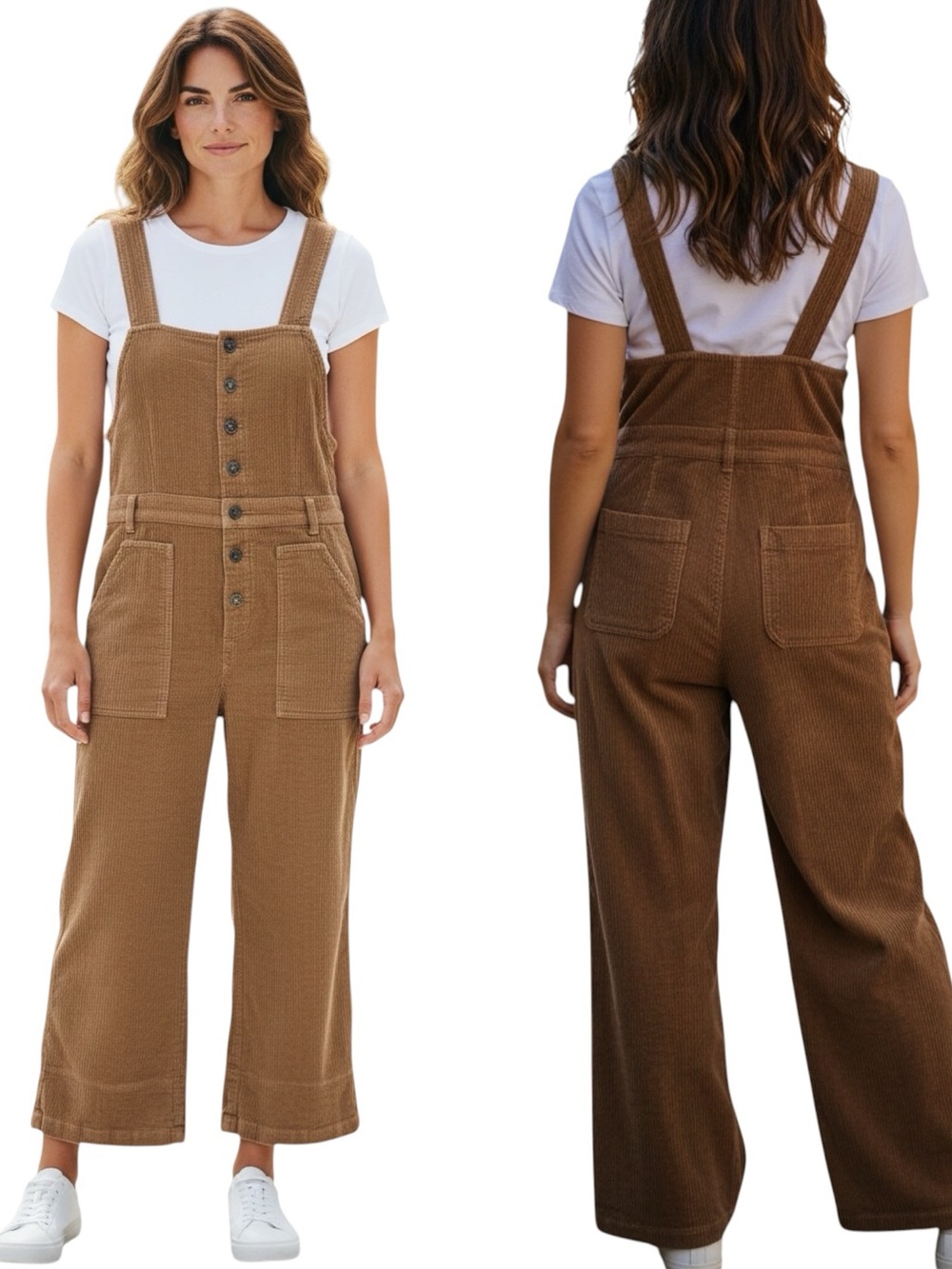 AERIE Corduroy Overalls Jumpsuit Tan Wide Leg Flare Button Front Size M